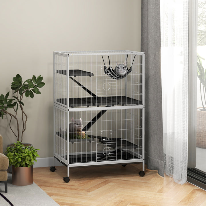 Gaiola para Roedores 80x52x128 cm Casa de 4 Alturas com Rampas Suspensa Rede Bandeja Removível Rodas Portas Branco Rajado e Preto