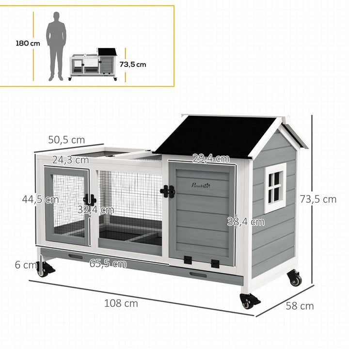 Coelheira de Madeira com Rodas 108x58x73,5cm Gaiola para 1-2 Coelhos com Teto Abatível Cerca Metálica Bandeja Amovível Portas com Trava e Rampa Marrom Cinza e Branco