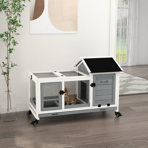 Coelheira de Madeira com Rodas 108x58x73,5cm Gaiola para 1-2 Coelhos com Teto Abatível Cerca Metálica Bandeja Amovível Portas com Trava e Rampa Marrom Cinza e Branco