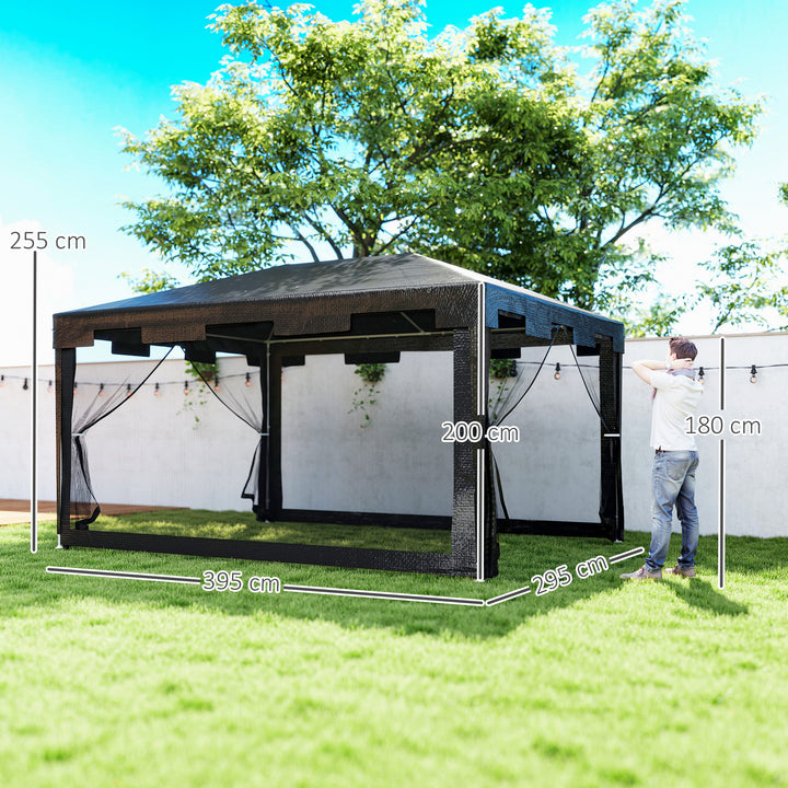 Tenda de Jardim 4x3 m Tenda Dobrável de Exterior com 4 Mosqueteiras Laterais 2 Portas com Fecho de Correr e 8 Orifícios de Drenagem para Pátio Praia Cinza