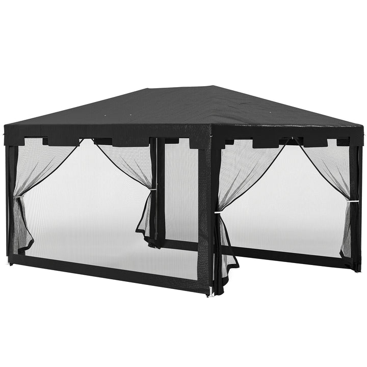 Tenda de Jardim 4x3 m Tenda Dobrável de Exterior com 4 Mosqueteiras Laterais 2 Portas com Fecho de Correr e 8 Orifícios de Drenagem para Pátio Praia Cinza