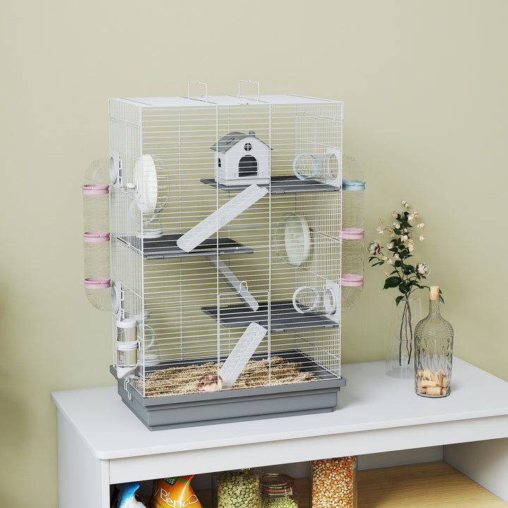 Gaiola para Hámster 47x30x70 cm Casa para Animais Pequenos com Túnel Plataformas Tigela Bebedouro Casinha Rampas e Roda de Exercício para Hámsters Anões Gerbos Cinzento