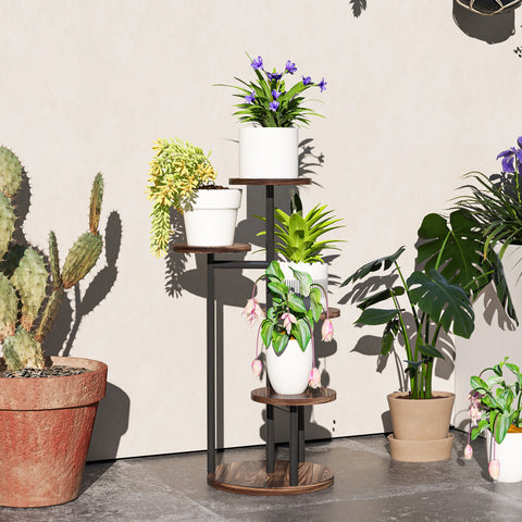 Suporte para Plantas de 5 Níveis Suporte para Plantas de Madeira e Aço com 5 Prateleiras Redondas Suporte para Vasos de Flores para Interior e Exterior 43x43x70 cm Madeira