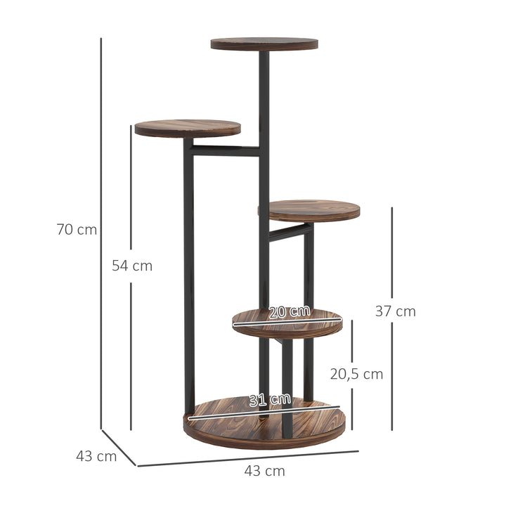 Suporte para Plantas de 5 Níveis Suporte para Plantas de Madeira e Aço com 5 Prateleiras Redondas Suporte para Vasos de Flores para Interior e Exterior 43x43x70 cm Madeira