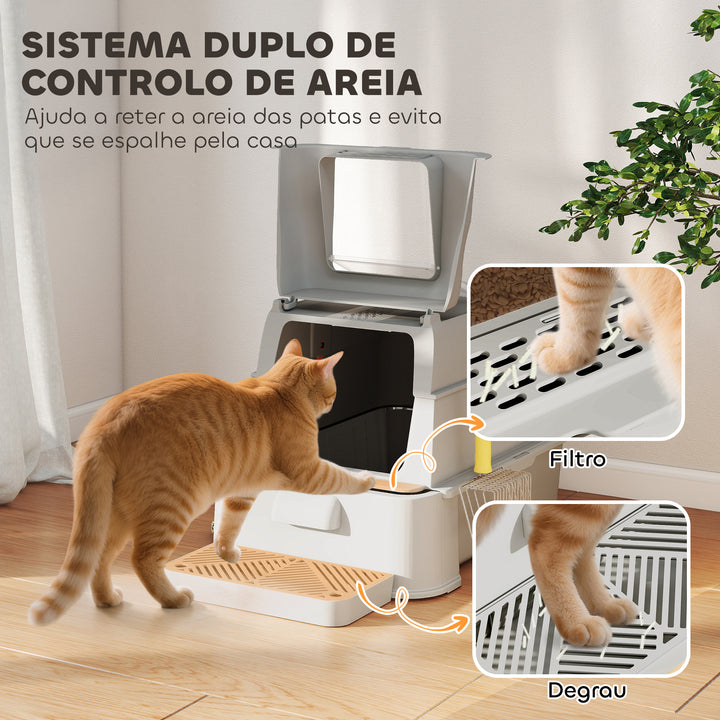 Caixa de Areia para Gatos de Aço Inoxidável XL com Tampa Articulada 180° Laterais Altas Pedal Pá Sem Odores Fácil de Limpar,Antiderrapante 63x43x43 cm Cinza Claro