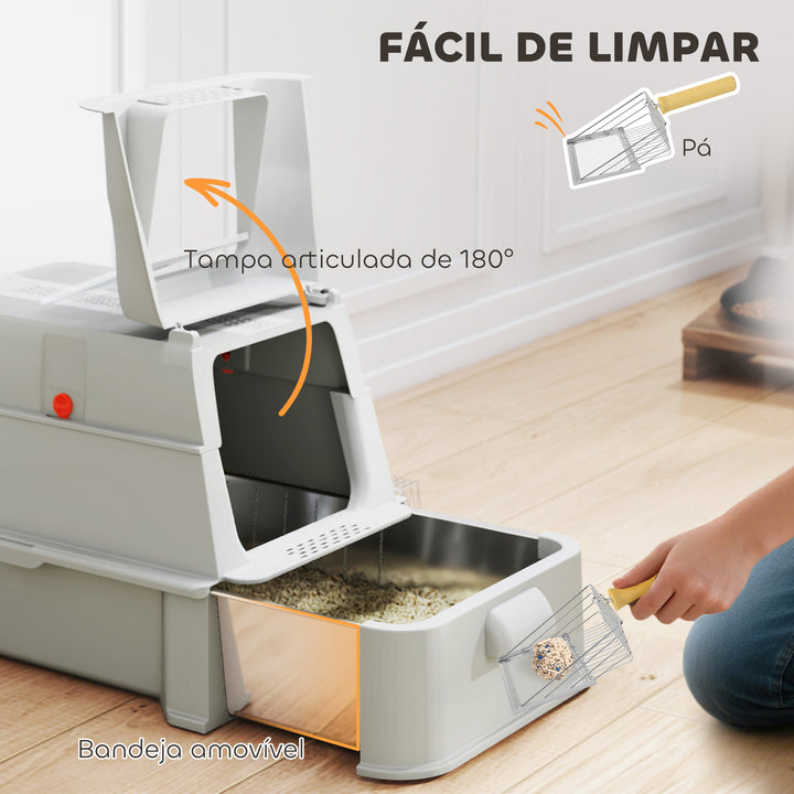 Caixa de Areia para Gatos de Aço Inoxidável XL com Tampa Articulada 180° Laterais Altas Pedal Pá Sem Odores Fácil de Limpar,Antiderrapante 63x43x43 cm Cinza Claro