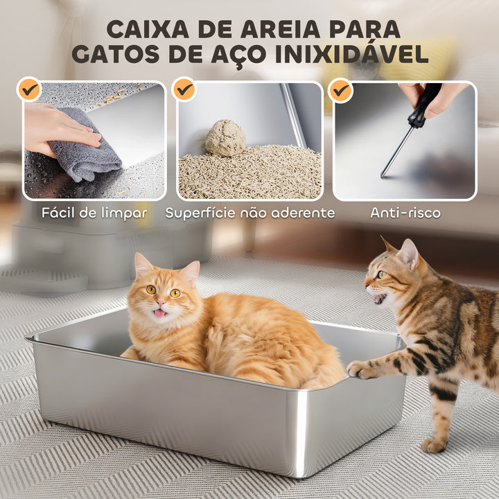 Caixa de Areia para Gatos de Aço Inoxidável XL com Tampa Articulada 180° Laterais Altas Pedal Pá Sem Odores Fácil de Limpar,Antiderrapante 63x43x43 cm Cinza Claro