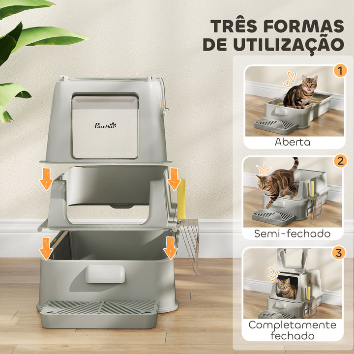 Caixa de Areia para Gatos de Aço Inoxidável XL com Tampa Articulada 180° Laterais Altas Pedal Pá Sem Odores Fácil de Limpar,Antiderrapante 63x43x43 cm Cinza Claro