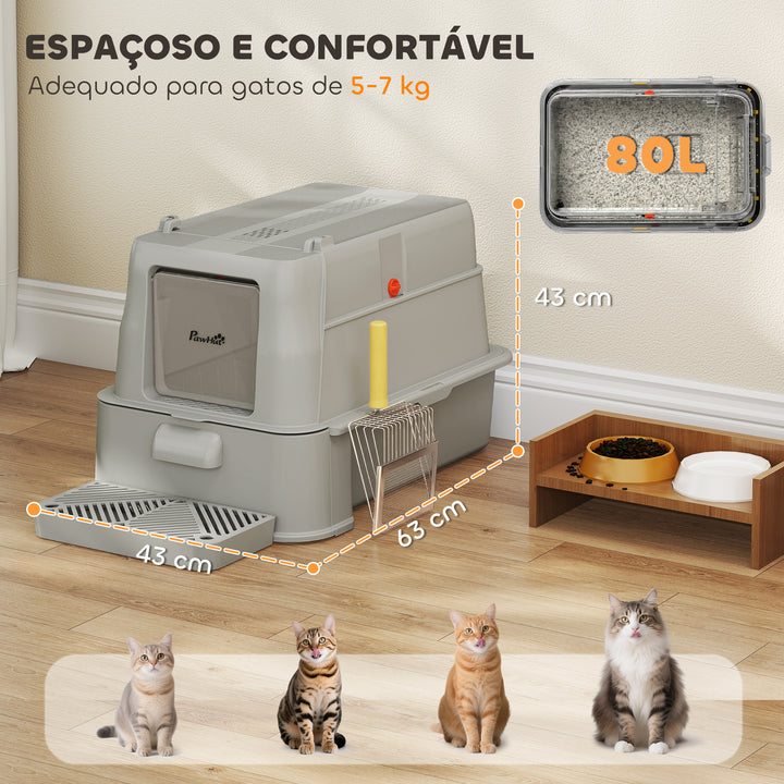 Caixa de Areia para Gatos de Aço Inoxidável XL com Tampa Articulada 180° Laterais Altas Pedal Pá Sem Odores Fácil de Limpar,Antiderrapante 63x43x43 cm Cinza Claro