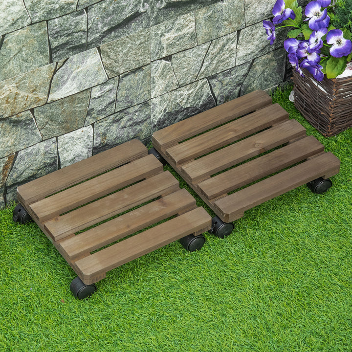 Conjunto de 2 Suportes de Madeira com Rodas Suportes para Plantas com Rodas Giratórias 360° e Travão Bases para Vasos de Interior e Exterior Carga 50 kg Castanho Escuro
