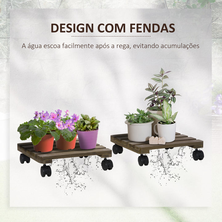 Conjunto de 2 Suportes de Madeira com Rodas Suportes para Plantas com Rodas Giratórias 360° e Travão Bases para Vasos de Interior e Exterior Carga 50 kg Castanho Escuro