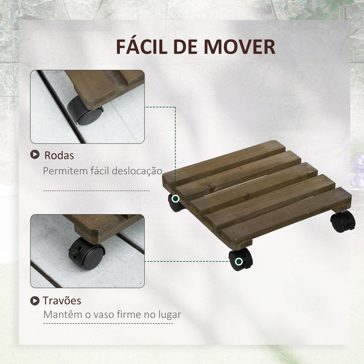 Conjunto de 2 Suportes de Madeira com Rodas Suportes para Plantas com Rodas Giratórias 360° e Travão Bases para Vasos de Interior e Exterior Carga 50 kg Castanho Escuro