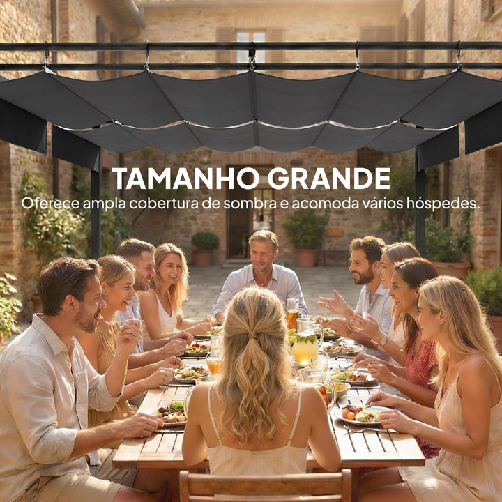 Pérgola de Jardim 6x3 m com Telhado Retrátil, Pavilhão de Jardim com Proteção UPF50+, Drenagem, Estrutura Metálica, Pérgola para Pátio, Terraço, Exterior, Branco e Cinzento Escuro