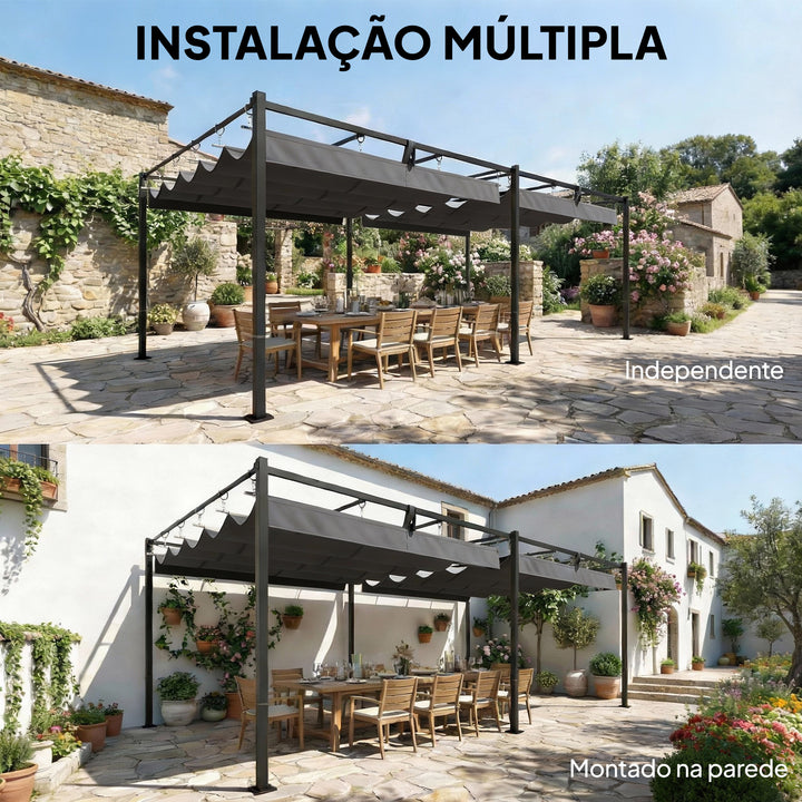 Pérgola de Jardim 6x3 m com Telhado Retrátil, Pavilhão de Jardim com Proteção UPF50+, Drenagem, Estrutura Metálica, Pérgola para Pátio, Terraço, Exterior, Branco e Cinzento Escuro