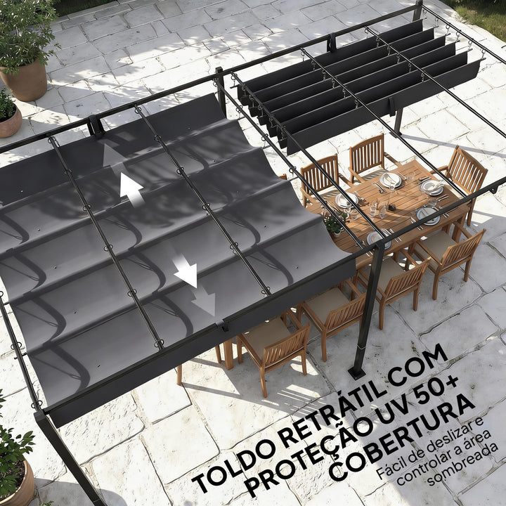 Pérgola de Jardim 6x3 m com Telhado Retrátil, Pavilhão de Jardim com Proteção UPF50+, Drenagem, Estrutura Metálica, Pérgola para Pátio, Terraço, Exterior, Branco e Cinzento Escuro