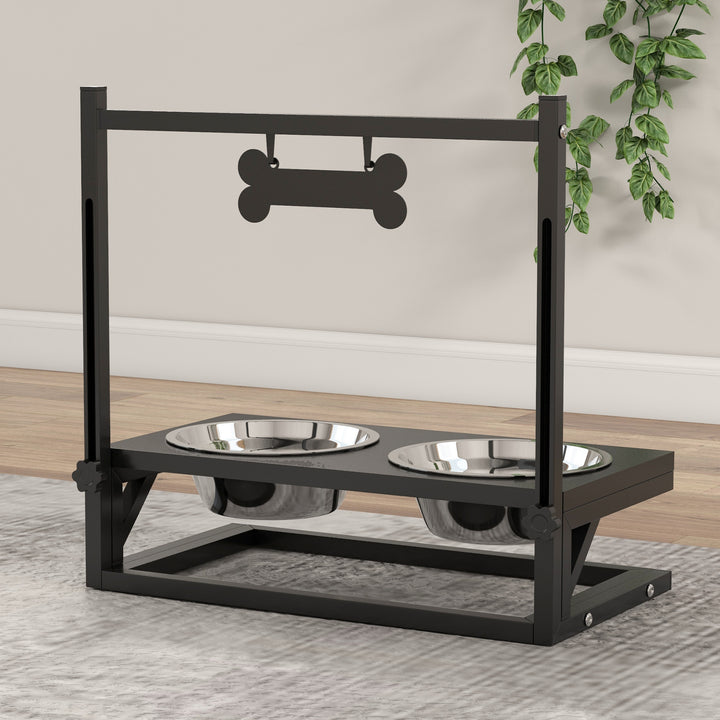 Comedouro Elevado para Cães Alimentador para Cães com 2 Tigelas de Aço Inoxidável com Altura Ajustável e 1 Peça de Metal com Formato de Osso 40,5x22x39 cm Preto
