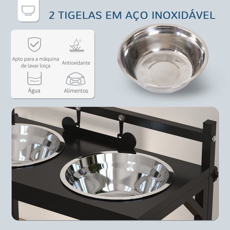 Comedouro Elevado para Cães Alimentador para Cães com 2 Tigelas de Aço Inoxidável com Altura Ajustável e 1 Peça de Metal com Formato de Osso 40,5x22x39 cm Preto