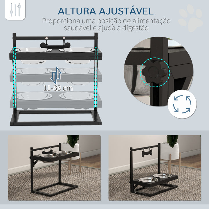 Comedouro Elevado para Cães Alimentador para Cães com 2 Tigelas de Aço Inoxidável com Altura Ajustável e 1 Peça de Metal com Formato de Osso 40,5x22x39 cm Preto
