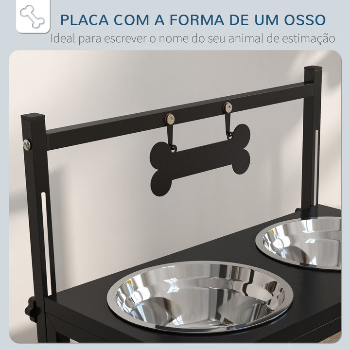 Comedouro Elevado para Cães Alimentador para Cães com 2 Tigelas de Aço Inoxidável com Altura Ajustável e 1 Peça de Metal com Formato de Osso 40,5x22x39 cm Preto