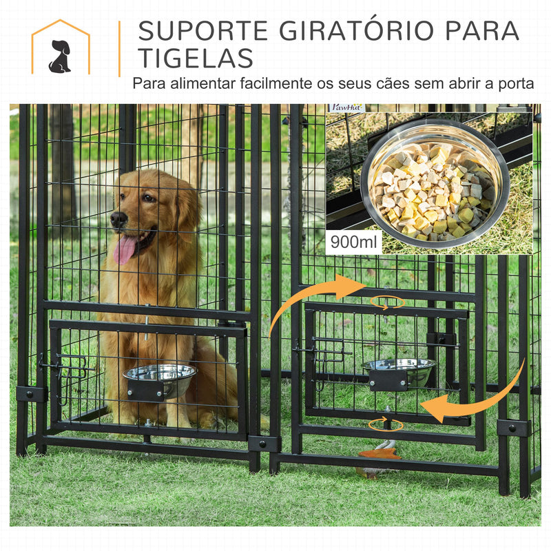 Parque para Cães com 8 Painéis Recinto para Cães Metálico de Exterior com 2 Suportes Giratórios para Comida 2 Tigelas e Toldo Impermeável e Anti-UV 141x141x153 cm Preto e Vermelho