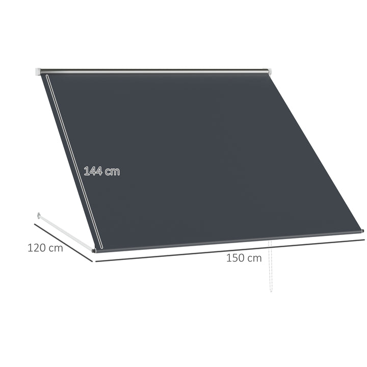 Toldo Retrátil para Janela 150x120 cm Toldo Manual de Exterior com Estrutura de Alumínio Ângulo de Inclinação Ajustável Anti-UV e Impermeável Cinza Escuro