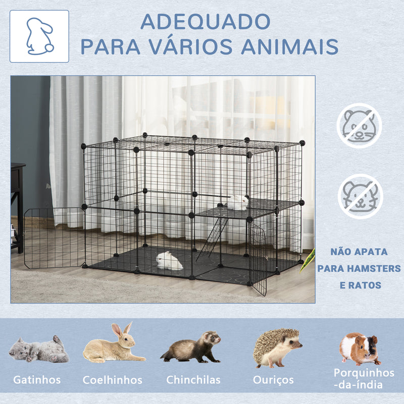 Recinto para Animais de Estimação de 3 Níveis Parque para Animais de Estimação com Rampas e Desenho Personalizável para Cobaias Chinchilas 70x70x105 cm Preto