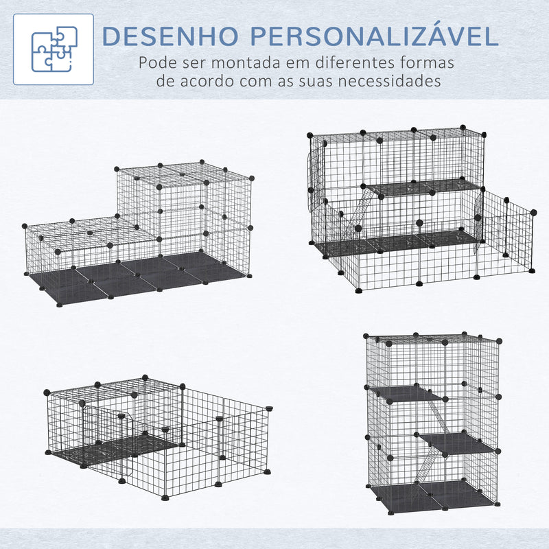 Recinto para Animais de Estimação de 3 Níveis Parque para Animais de Estimação com Rampas e Desenho Personalizável para Cobaias Chinchilas 70x70x105 cm Preto