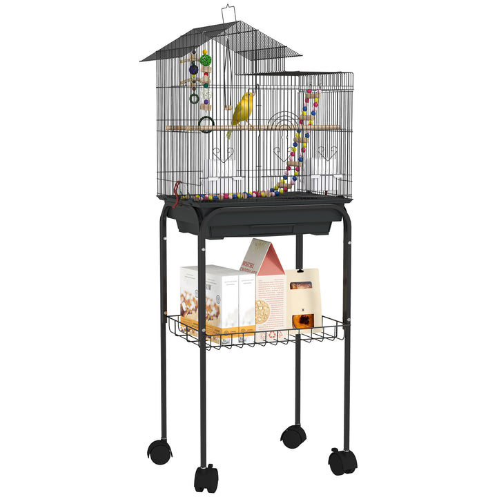 Gaiola para Passáros Gaiola de Metal com Múltiplas Portas 4 Comedouros 3 Poleiros Baloiço Escadas e Bandeja Removível para Periquitos Canários 46x36x120 cm Preto