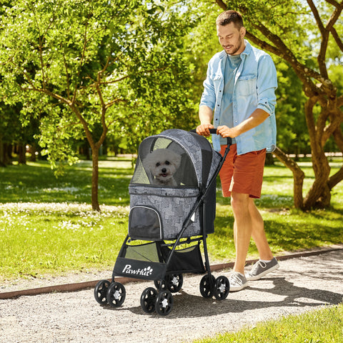 Carrinho para Cães Dobrável Carrinho para Animais de Estimação Carrinho para Cães Pequenos com Cesta de Armazenamento Capota Ajustável Janela de Malha e 2 Rodas Universais 81x48x99 cm Cinza