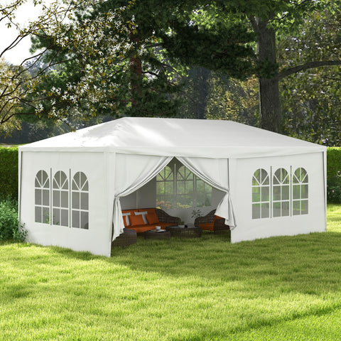 Tenda de Jardim 583x293 cm Tenda de Festas Desmontável com 4 Janelas 2 Portas com Fecho de Correr 6 Paredes Laterais e Impermeável para Exterior Pátio Branco