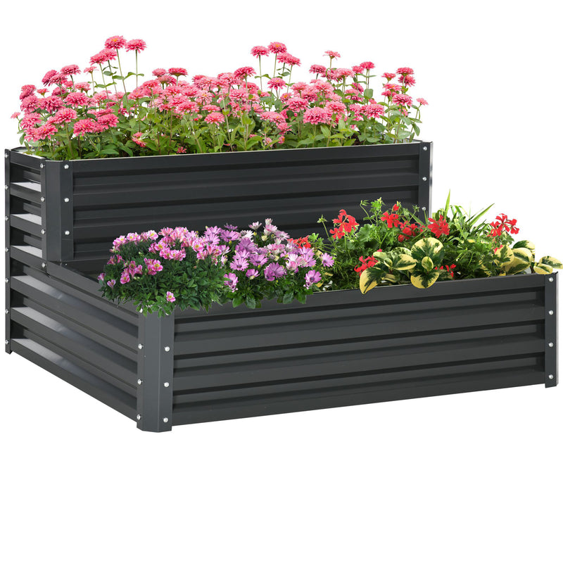 Caixa de Plantio de 2 Níveis Floreira Exterior de Aço com Desenho de Escada para Cultivos de Plantas Ervas Flores para Varanda Jardim 120x101x58 cm Cinza Escuro