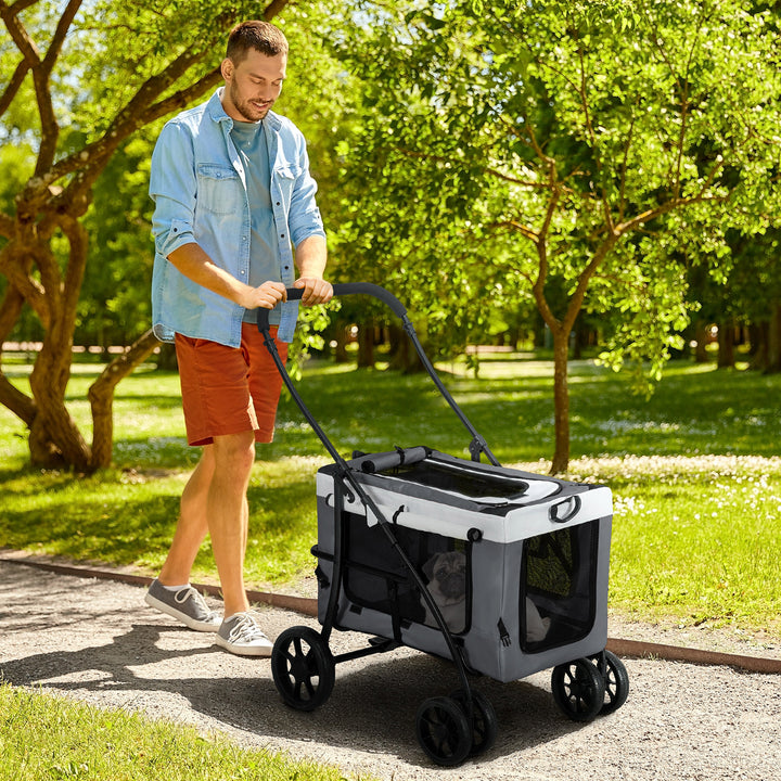 Carrinho para Animais de Estimação Carrinho para Cães Dobrável com Compartimento Desmontável 4 Portas com Fecho de Correr 2 Correias de Segurança e de Transporte 81x58x97,5 cm Cinza