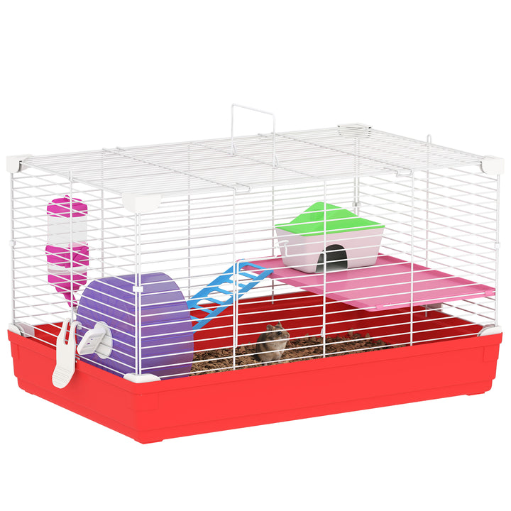 Gaiola para Hamster Casa para Hamster 47x30x27cm com 1 Andar Comedouro Bebedouro Rampa Roda de Exercício para Pequenos Animais Branco e Vermelho