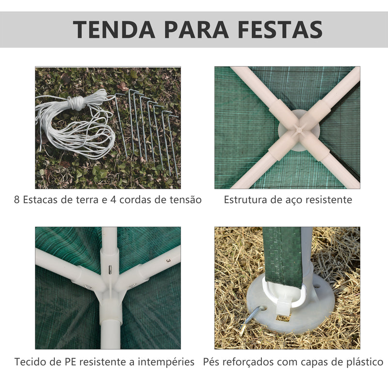 Tenda Desmontável 3x3 m Tenda de Jardim com 4 Orifícios de Drenagem e Estrutura de Aço para Varanda Pátio Exterior Campismo Verde