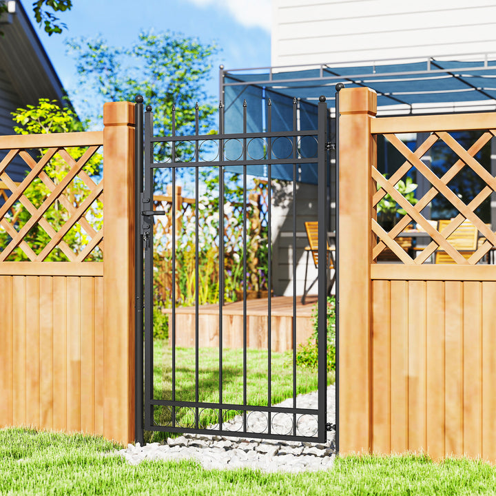 Porta de Jardim 89x147,5 cm Porta para Vedação de Barra de Aço Galvanizado com Puxador Fechadura e 3 Chaves para Exterior Pátio Preto