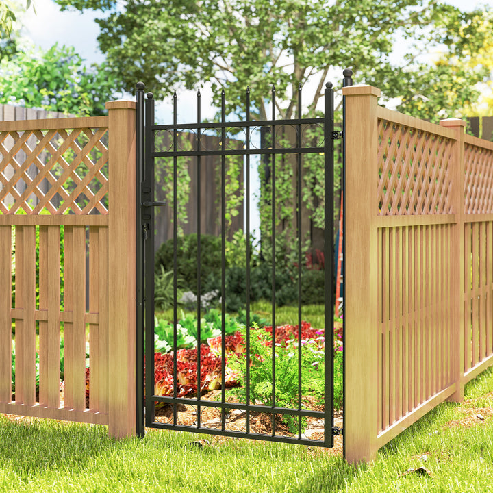 Porta de Jardim 89x147,5 cm Porta para Vedação de Barra de Aço Galvanizado com Puxador Fechadura e 3 Chaves para Exterior Pátio Preto