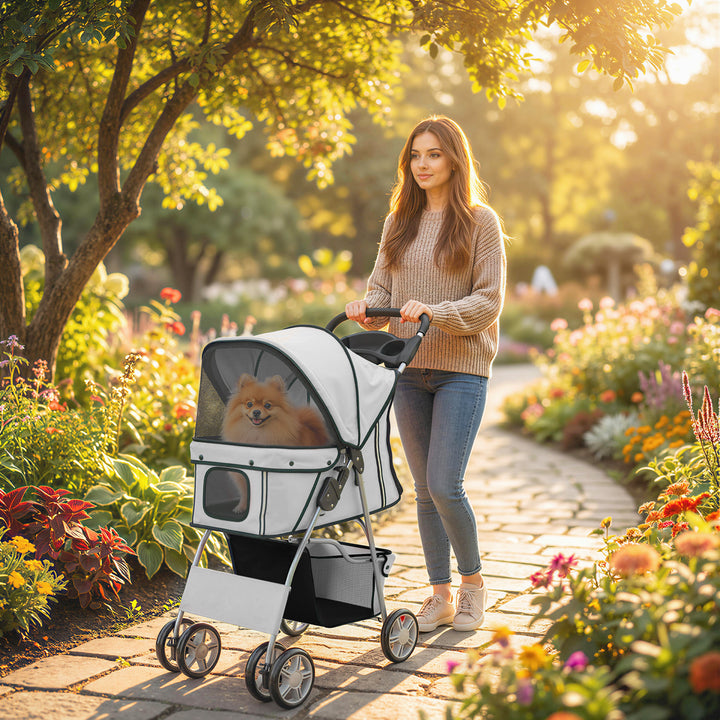 Carrinho Dobrável para Cães, Coche para Cães Pequenos com Cesta de Armazenamento, Janelas de Rede, Porta-copos, Rodas de EVA, Almofada Lavável, Travões, Suporte até 10 kg, 77x44x102 cm, Cinzento