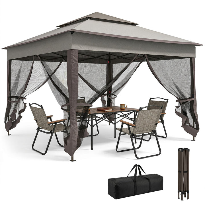Tenda Dobrável Exterior 325x325x270 cm Tenda de Jardim com Teto Duplo Rede Mosquiteira Amovível e Bolsa de Transporte para Jardim Pátio Cinza