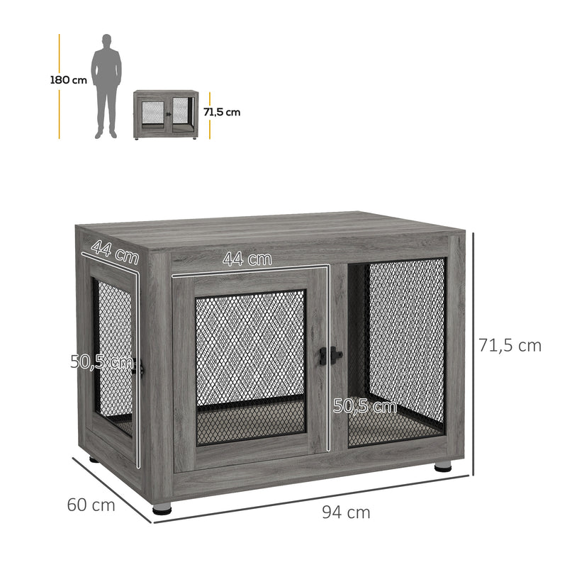 Gaiola para Cães de Madeira Mesa de Centro 94x60x71,5 cm Móvel com 2 Portas com Fechadura Almofada de Tecido Oxford e Grades de Aço Cinza