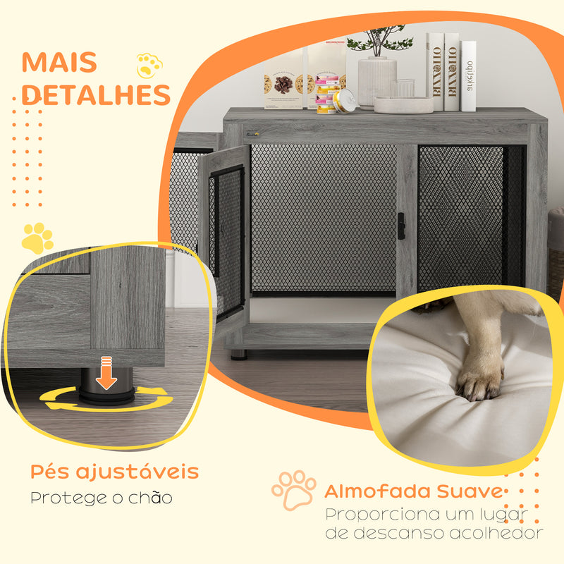 Gaiola para Cães de Madeira Mesa de Centro 94x60x71,5 cm Móvel com 2 Portas com Fechadura Almofada de Tecido Oxford e Grades de Aço Cinza