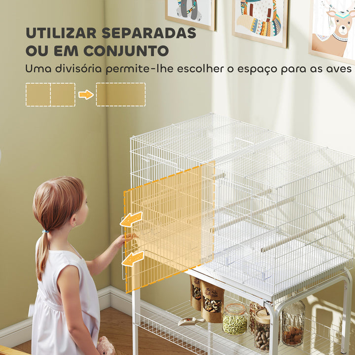 Gaiola para Pássaros com Divisória Gaiola com Rodas para Aves Papagaios Canários Gaiola para Aves com Comedouros Poleiros e Bandeja Removível, 76x46x116 cm Branco