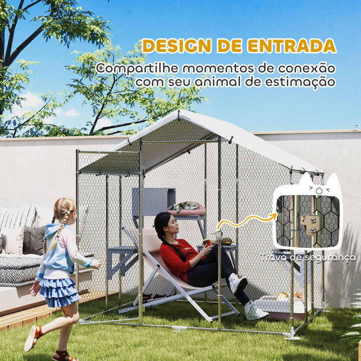 Gaiola Grande para Gatos Exterior Recinto para Gatos com 2 Casinhas 7 Plataformas para Saltar Cobertura Impermeável e Anti-UV Parque para 5 Gatos ou Coelhos 240x193x195 cm Prateado
