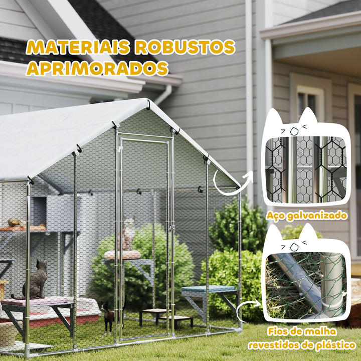 Gaiola Grande para Gatos Exterior Recinto para Gatos com 2 Casinhas 7 Plataformas para Saltar Cobertura Impermeável e Anti-UV Parque para 5 Gatos ou Coelhos 240x193x195 cm Prateado