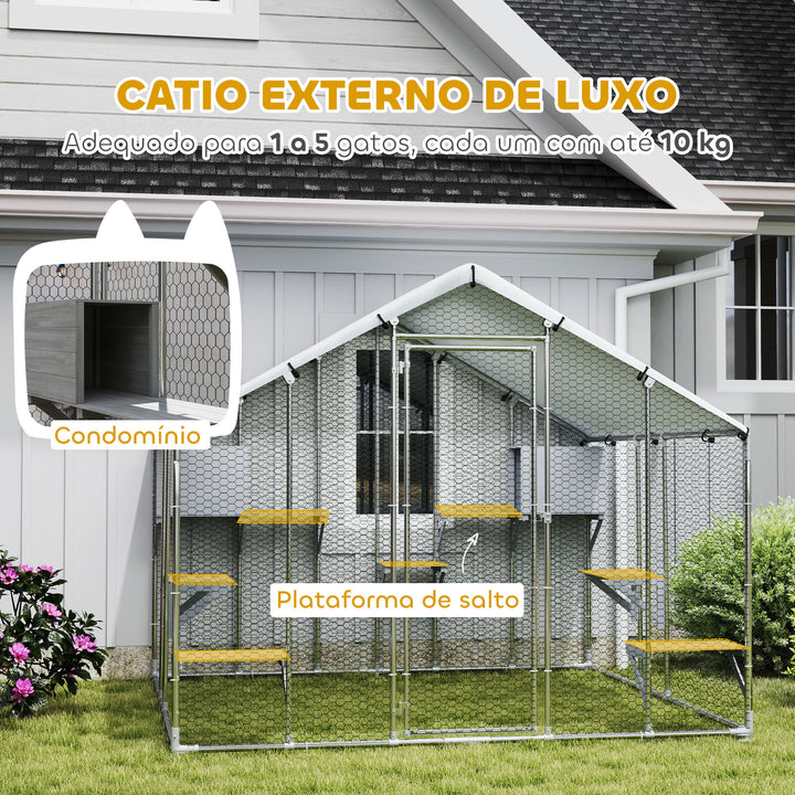 Gaiola Grande para Gatos Exterior Recinto para Gatos com 2 Casinhas 7 Plataformas para Saltar Cobertura Impermeável e Anti-UV Parque para 5 Gatos ou Coelhos 240x193x195 cm Prateado