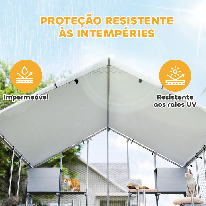 Gaiola Grande para Gatos Exterior Recinto para Gatos com 2 Casinhas 7 Plataformas para Saltar Cobertura Impermeável e Anti-UV Parque para 5 Gatos ou Coelhos 240x193x195 cm Prateado