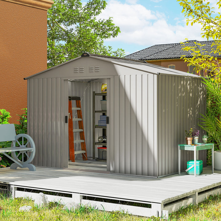 Abrigo de Jardim Exterior 4,9 m² 277x195x192cm Abrigo e Jardim Metálico para Armazenamento de Ferramentas com Base Incluída (Chão não Incluído) e 4 Janelas Verde Escuro