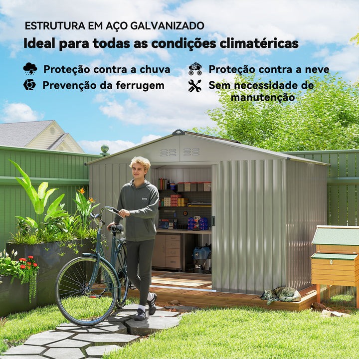 Abrigo de Jardim Exterior 4,9 m² 277x195x192cm Abrigo e Jardim Metálico para Armazenamento de Ferramentas com Base Incluída (Chão não Incluído) e 4 Janelas Verde Escuro