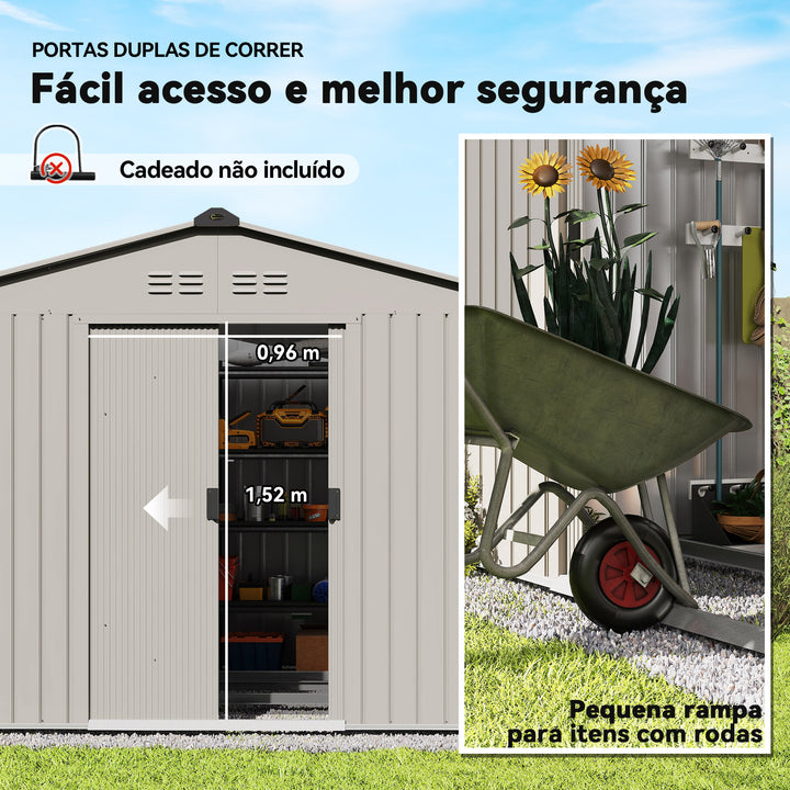 Abrigo de Jardim Exterior 4,9 m² 277x195x192cm Abrigo e Jardim Metálico para Armazenamento de Ferramentas com Base Incluída (Chão não Incluído) e 4 Janelas Verde Escuro