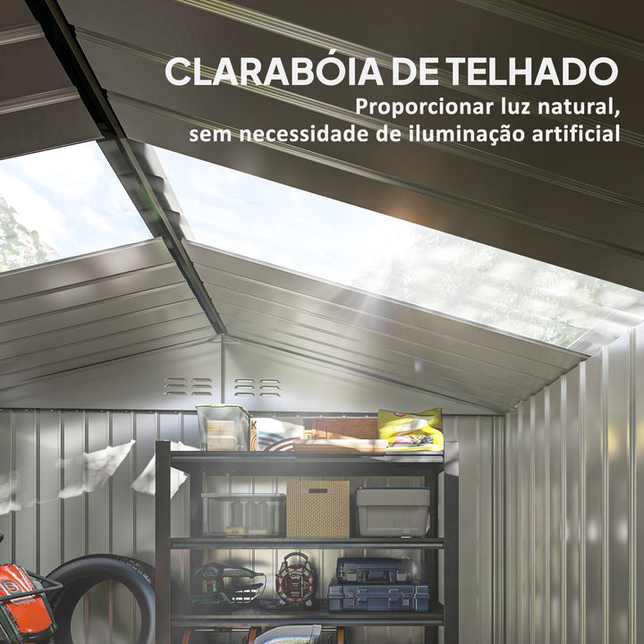 Abrigo de Jardim Exterior 4,9 m² 277x195x192cm Abrigo e Jardim Metálico para Armazenamento de Ferramentas com Base Incluída (Chão não Incluído) e 4 Janelas Verde Escuro