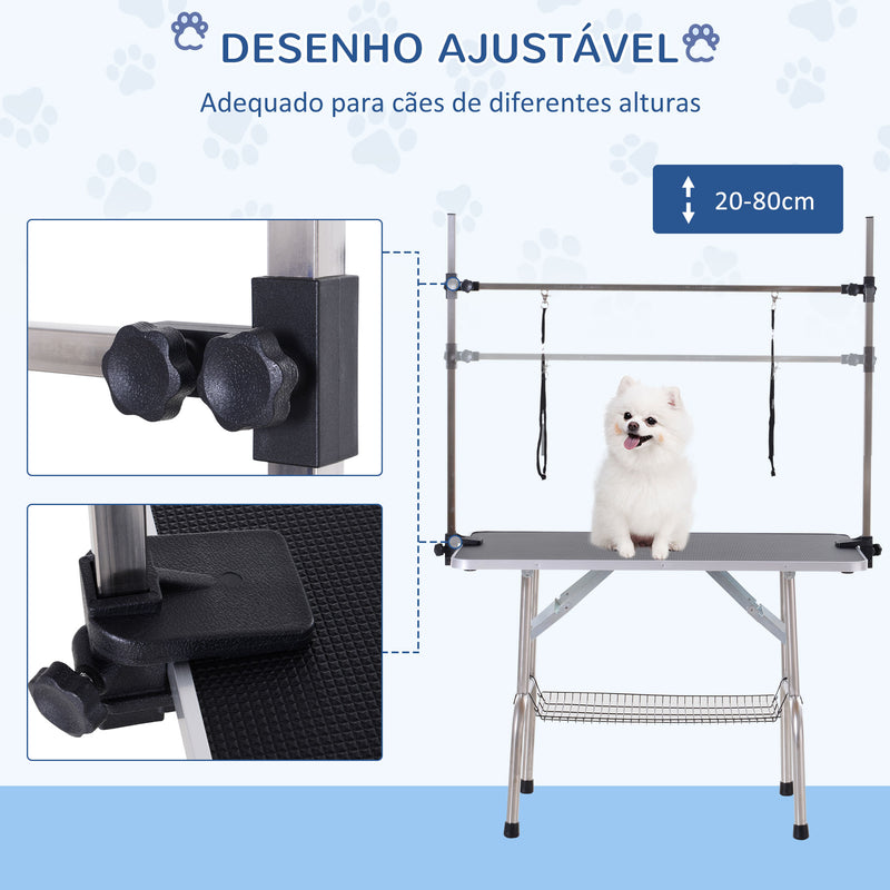 Mesa de Tosquia para Animais de Estimação Mesa de Tosquia para Cães Dobrável com Prateleira de Armazenamento Estrutura de Aço e Altura Ajustável 20-80 cm 107x60x170 cm Preto